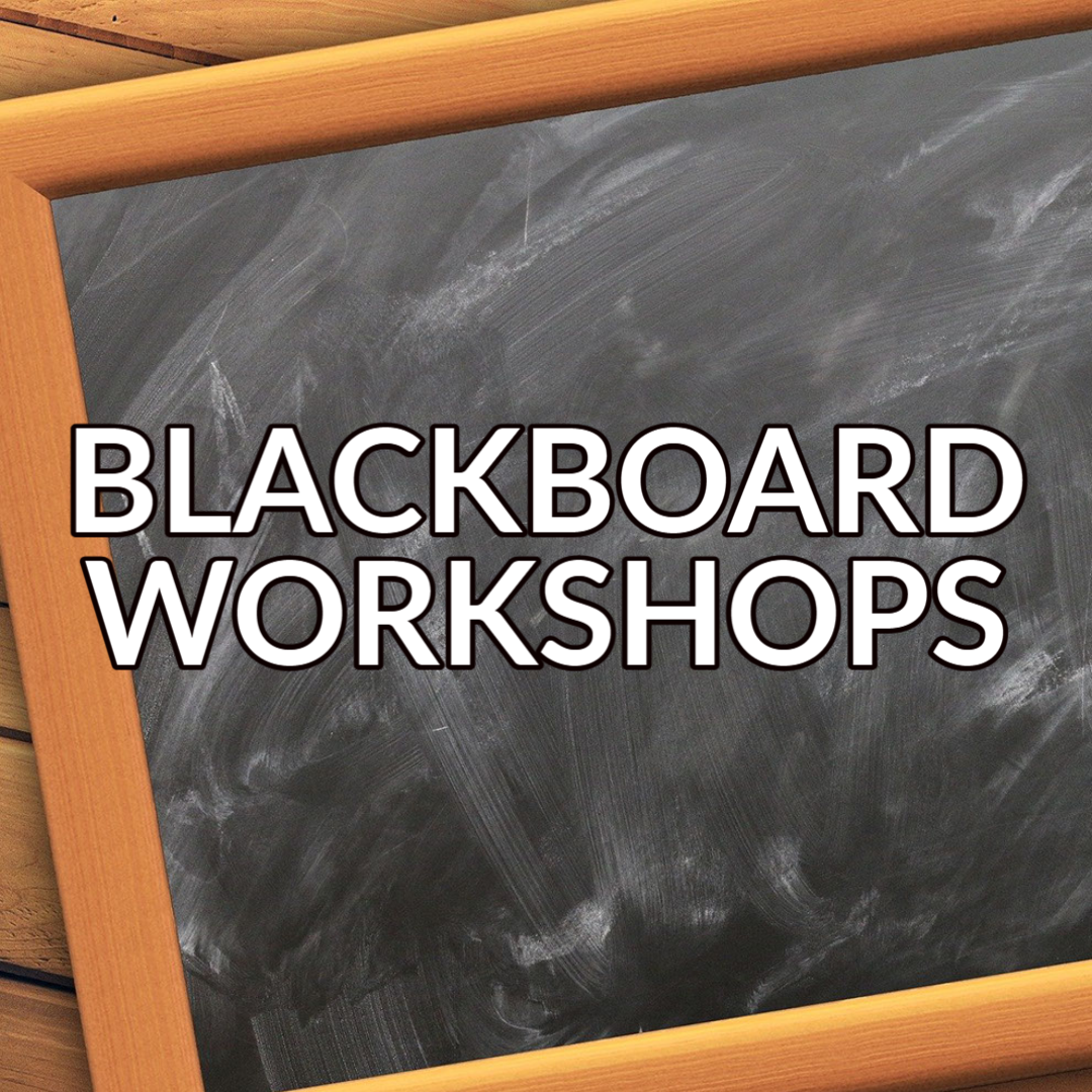 A button that reads "Blackboard Workshops" with white text on a background image of a chalkboard
