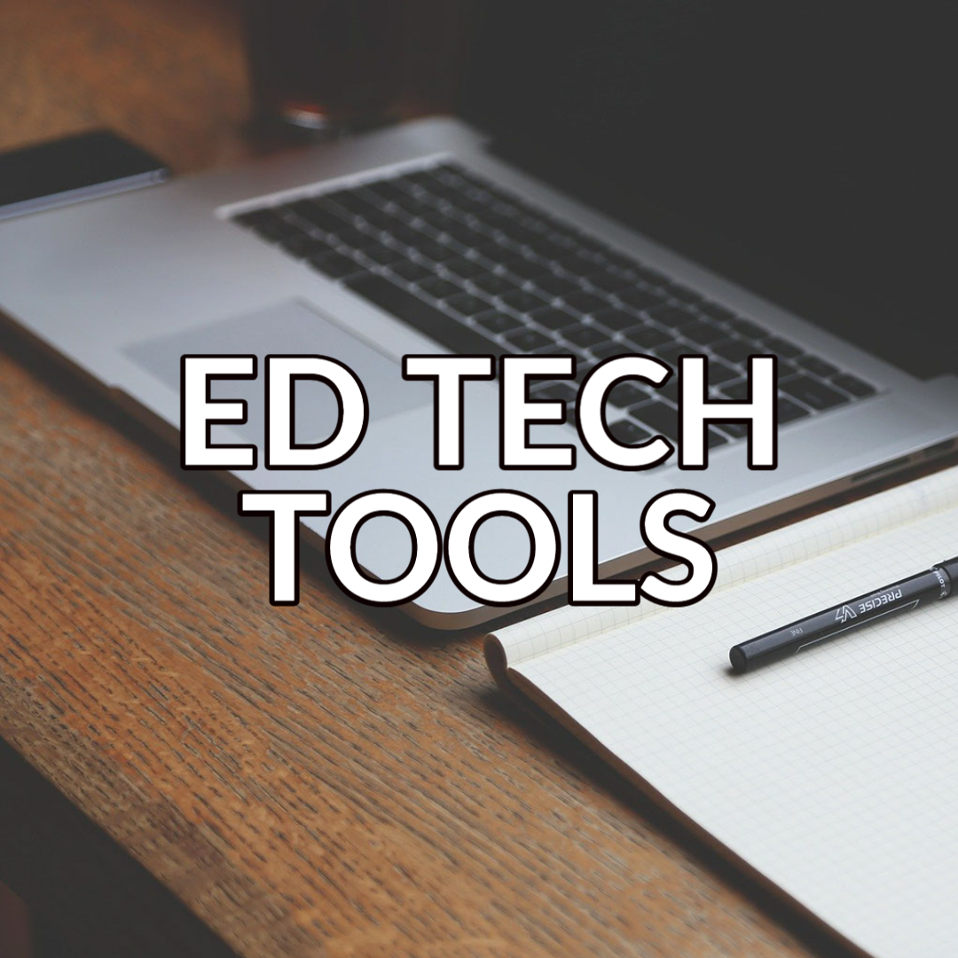 A button that read "Ed Tech Tools" in white text with a black outline on a background image of a laptop computer