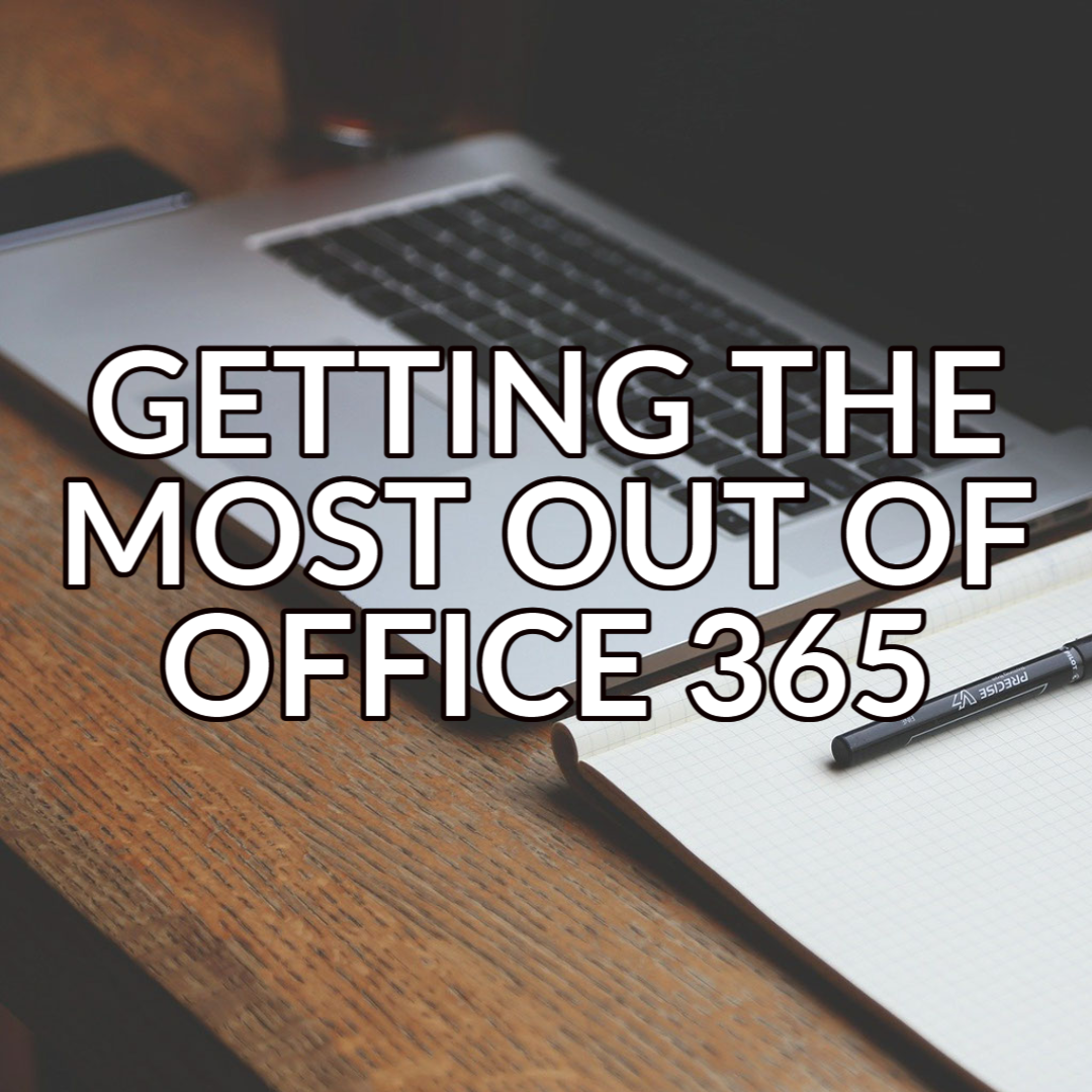 A button that reads: “Getting the most out of Office 365” with white text on a background image of a laptop and a notebook
