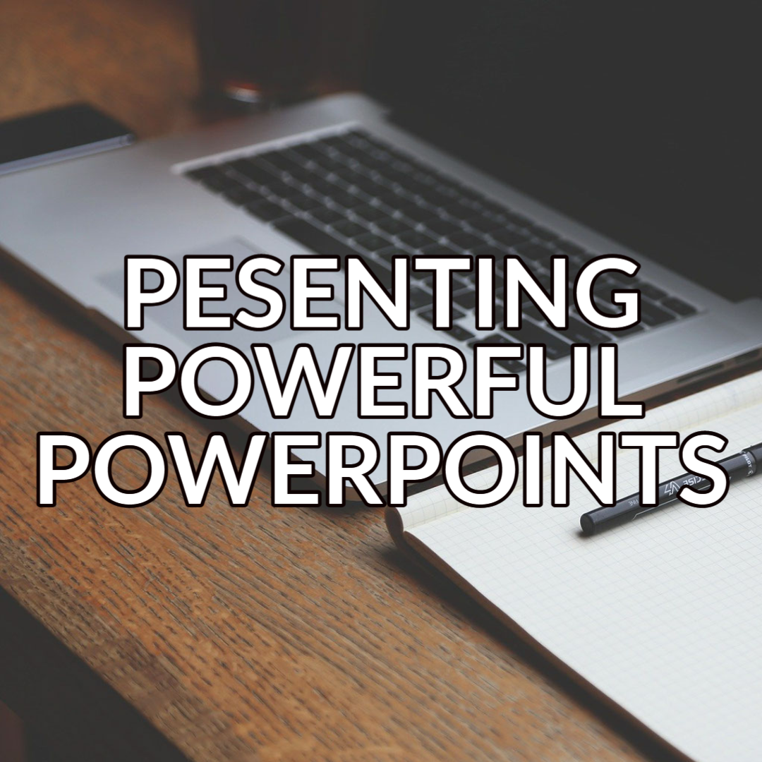 A button that reads: “Presenting Powerful PowerPoints” with white text on a background image of a laptop and a notebook