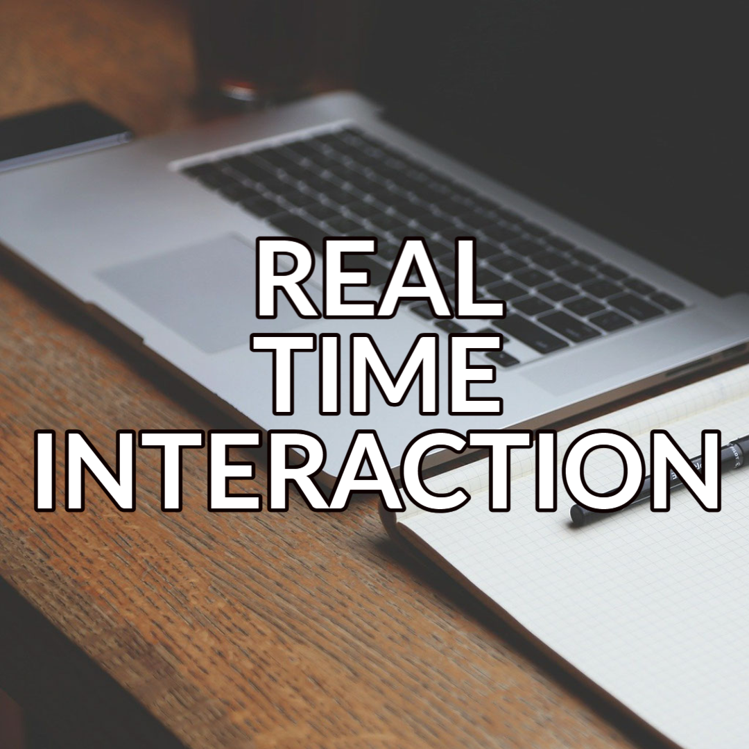 A button that reads: “Real Time Interaction” with white text on a background image of a laptop and a notebook