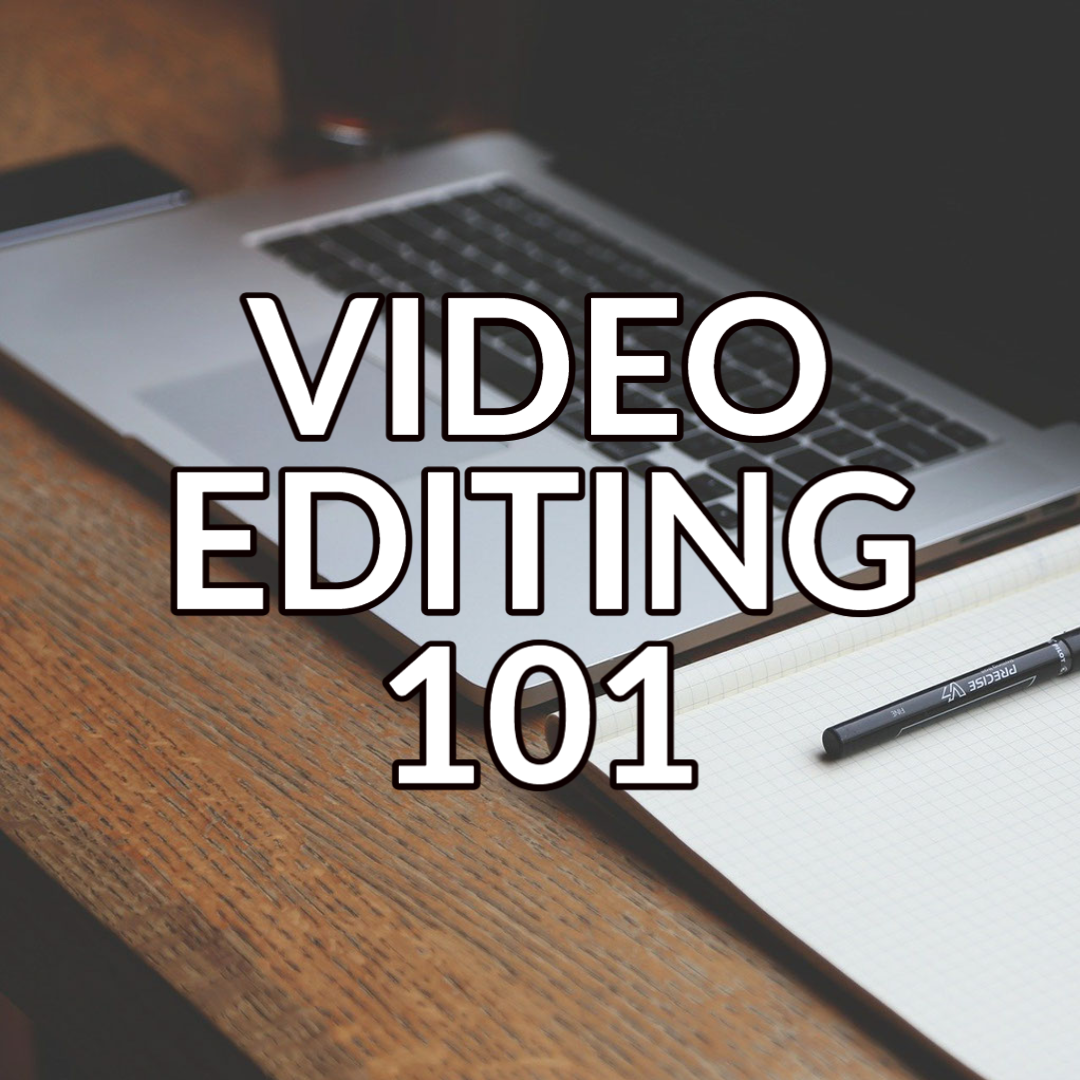A button that reads: “Video Editing 101” with white text on a background image of a laptop and a notebook