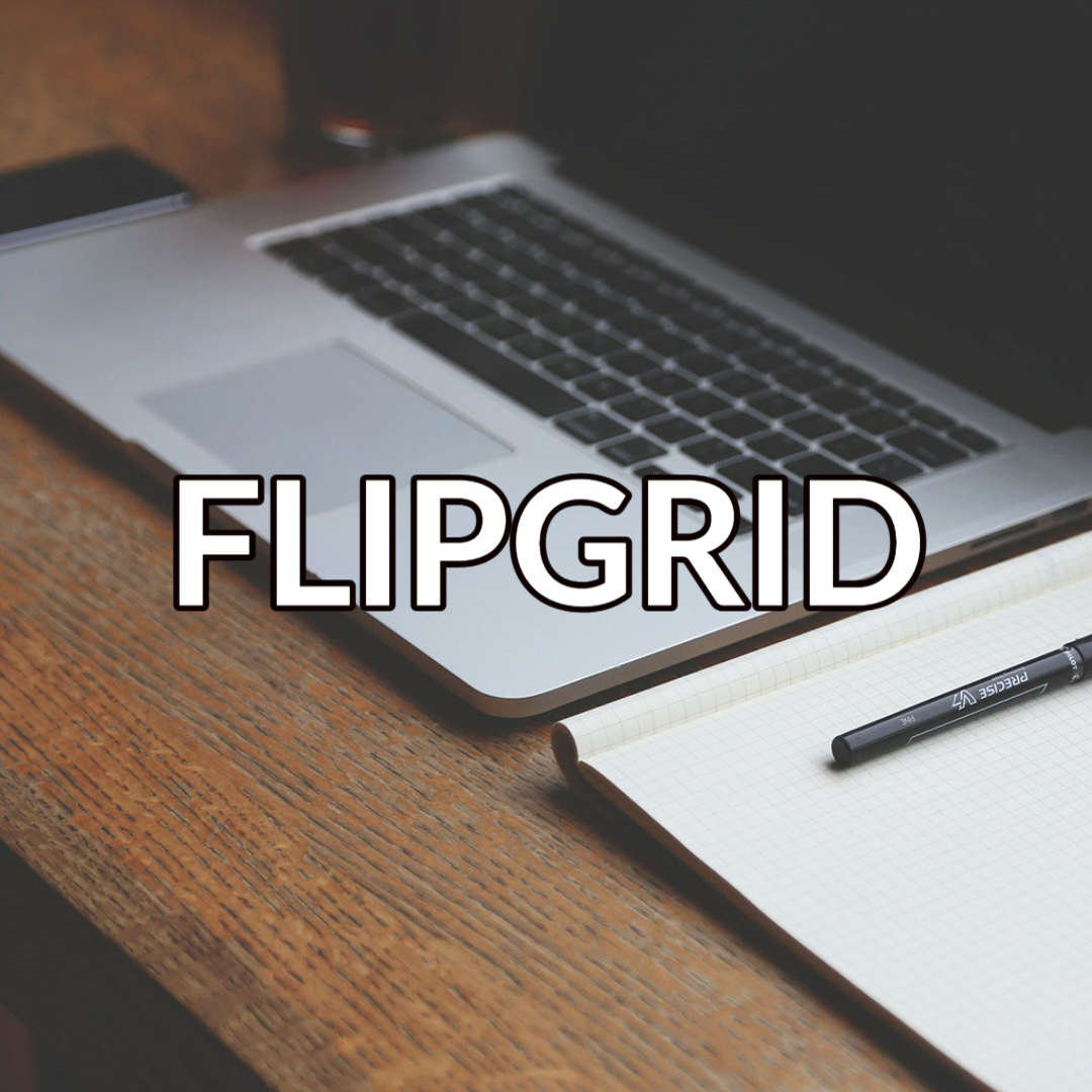 A button that reads: “Flipgrid" with white text on a background image of a laptop and a notebook