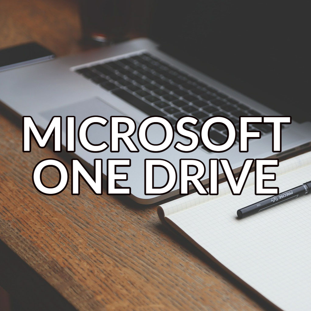 A button that reads: “Microsoft One Drive" with white text on a background image of a laptop and a notebook