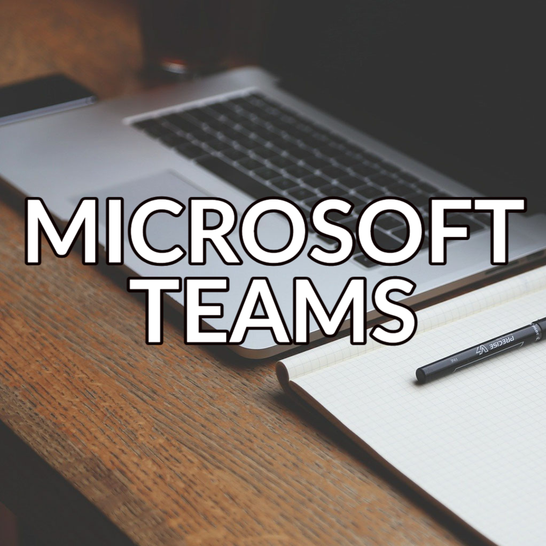 A button that reads: “Microsoft Teams" with white text on a background image of a laptop and a notebook